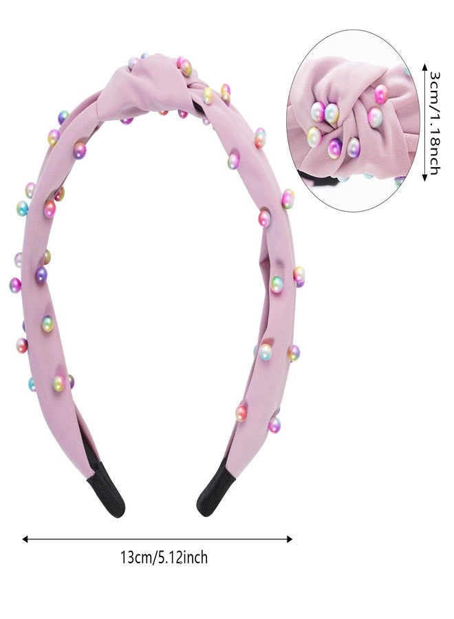 Sucrain 3 Pcs Pearl Knotted Headbands for Women Girls Colorful Jeweled Embellished Gem Faux Pearl Cross Knot Twisted Hairband Turban Headband Hair Accessories(Black,White,Pink) - Image 2